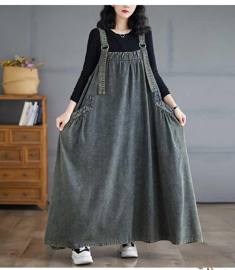Image of Boho Jumper Dress for Women Loose Overall Pinafore Dresses Adjustable Straps Wide Hemline with Pockets Baggy Style
