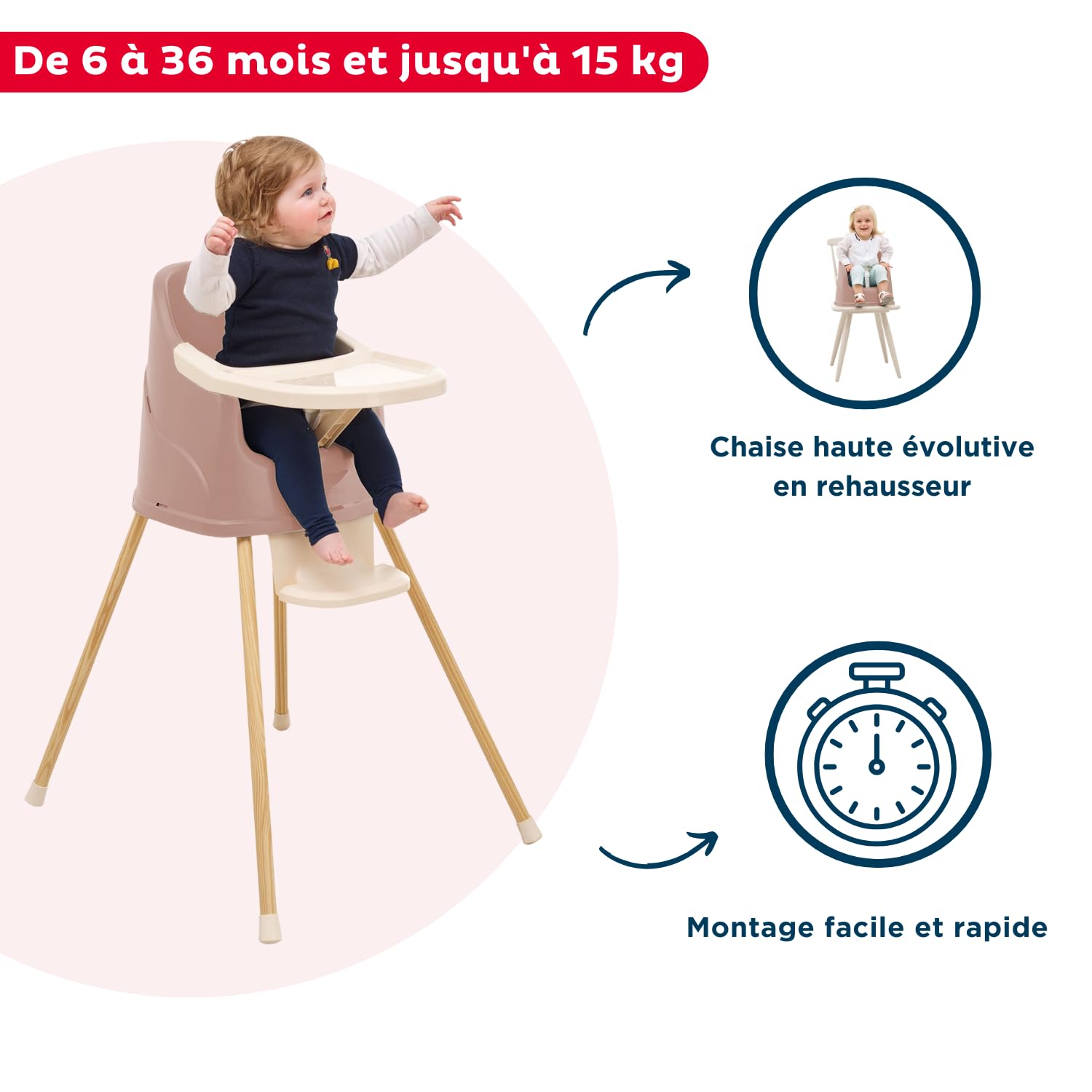 THERMOBABY - Chaise Haute Bébé 2 en 1 Youpla - Évolutive En Rehausseur Chaise Enfant - Tablette Amovible - Harnais 3 Points - Dès 6 Mois, Jusqu'à 3 Ans ou 15kg - Fabriqué En France - Rose Câlin