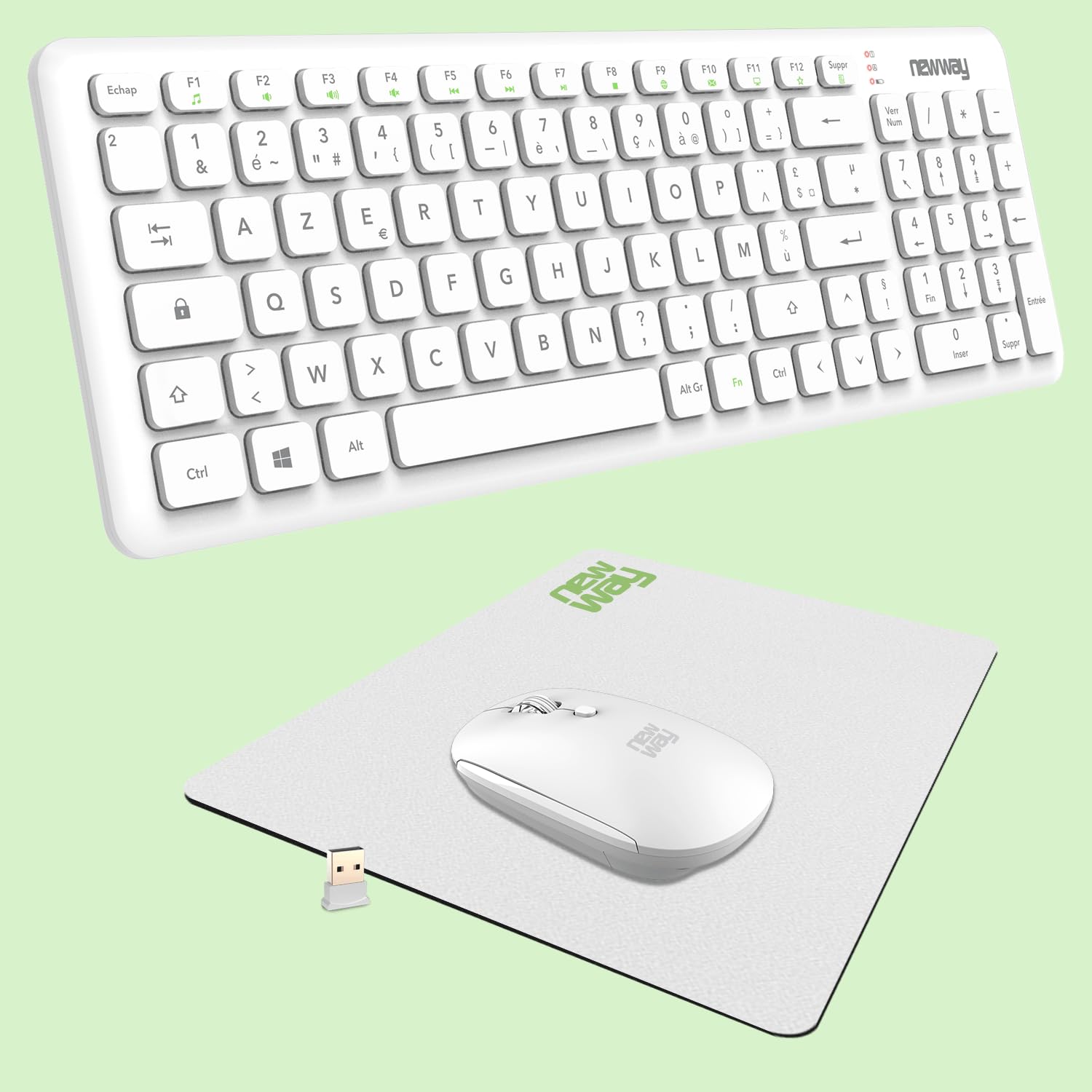 NEWWAY – Pack RF01 Tastiera Mouse Wireless con Tappetino – Tastiera AZERTY 97 Tasti 13 Scorciatoie – Mouse WiFi 2.4 GHz 4 Tasti – Ricevitore USB – Bianco