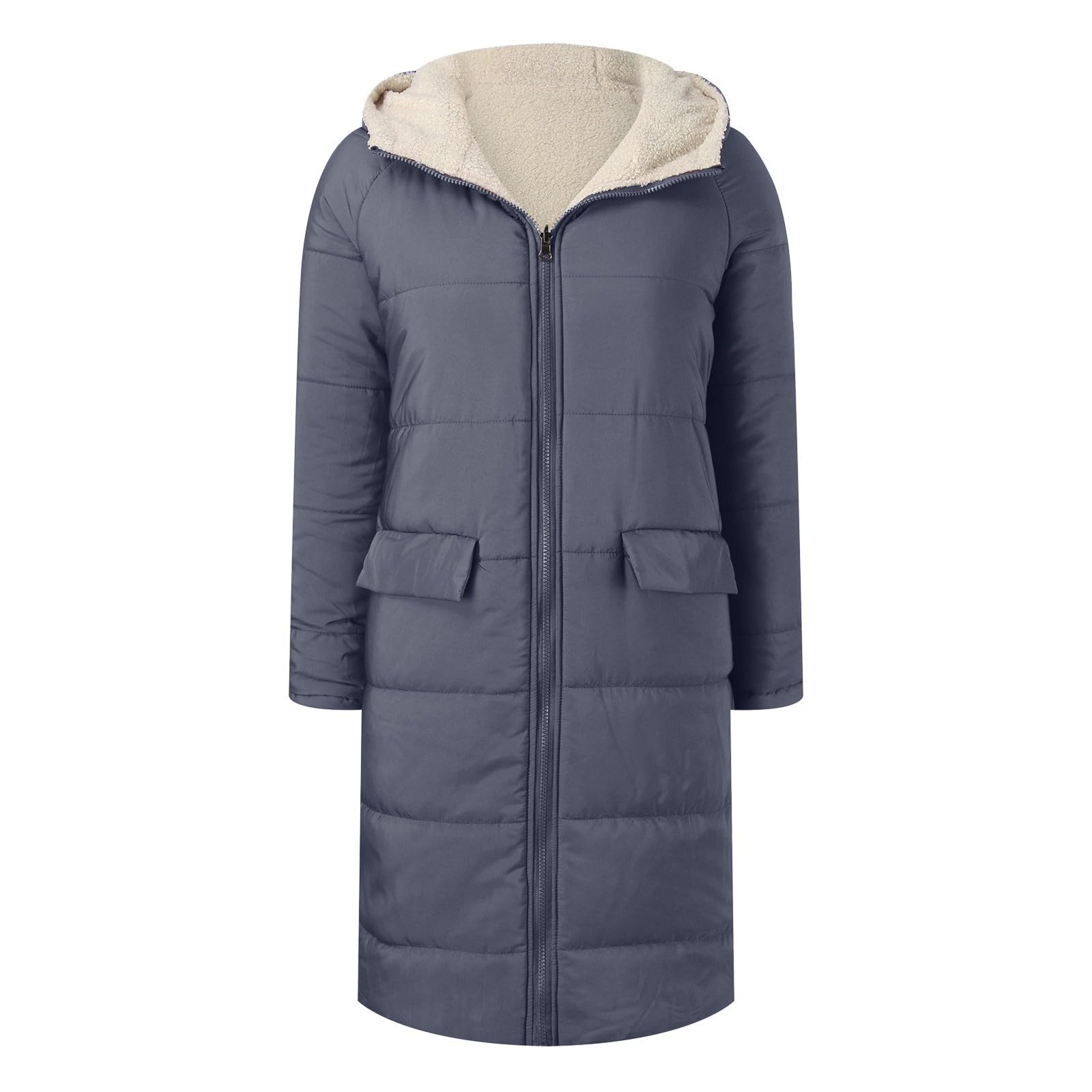 Generisch Wintermantel Damen Lang: Winterjacke Mit Schrägem Reißverschluss Fleece Outdoorjacke Mit Kapuze Parka Winddicht Kapuzenmantel Steppjacke