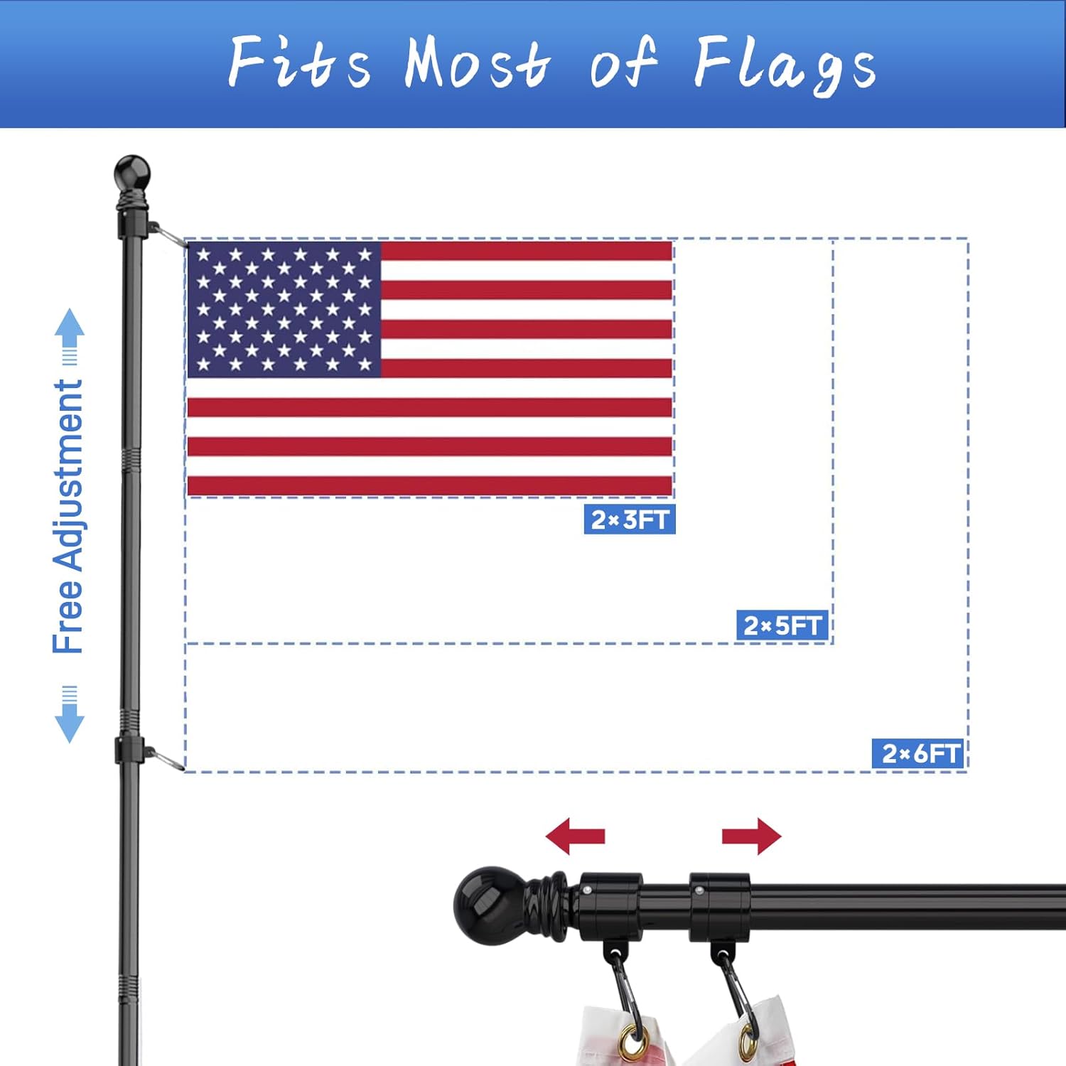 ZMTECH 6 FT Thicken Stainless Steel Flag Pole Without Bracket for Outside House, Residential or Commerical, 1 Inch Tangle Free Flag Pole Kit for Porch/Boat(Without Bracket, Flag, Black) - Image 4