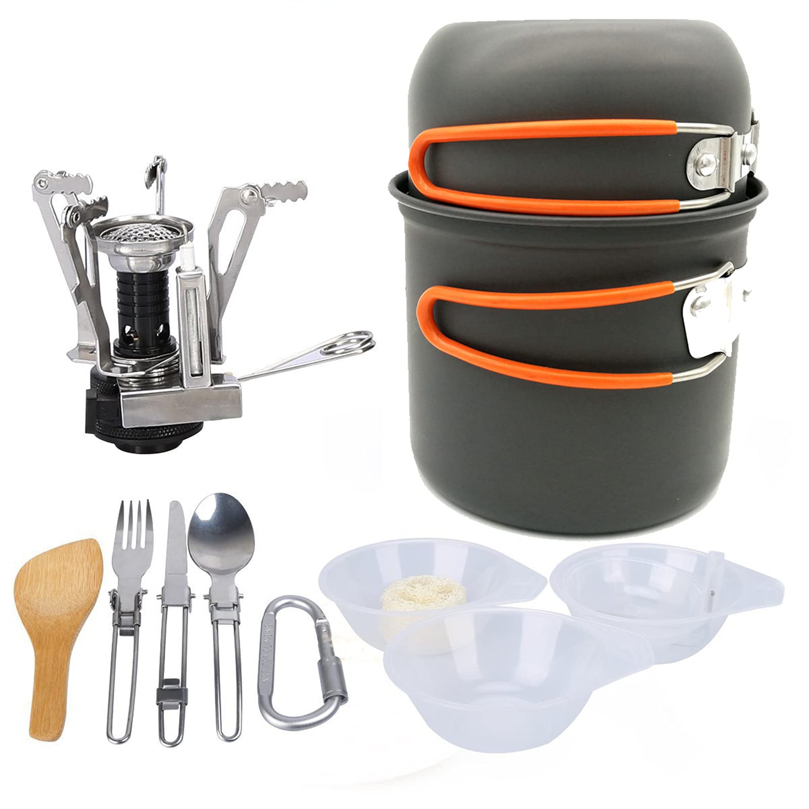 Camping Kochgeschirr Pan Kessel Wandern im Freien Kochen Picknick Schüssel Besteck Löffel Ofen Set 1-2 Personen Tragbarer Nichtstocktopf mit Mesh Kit Tasche A1-One Size