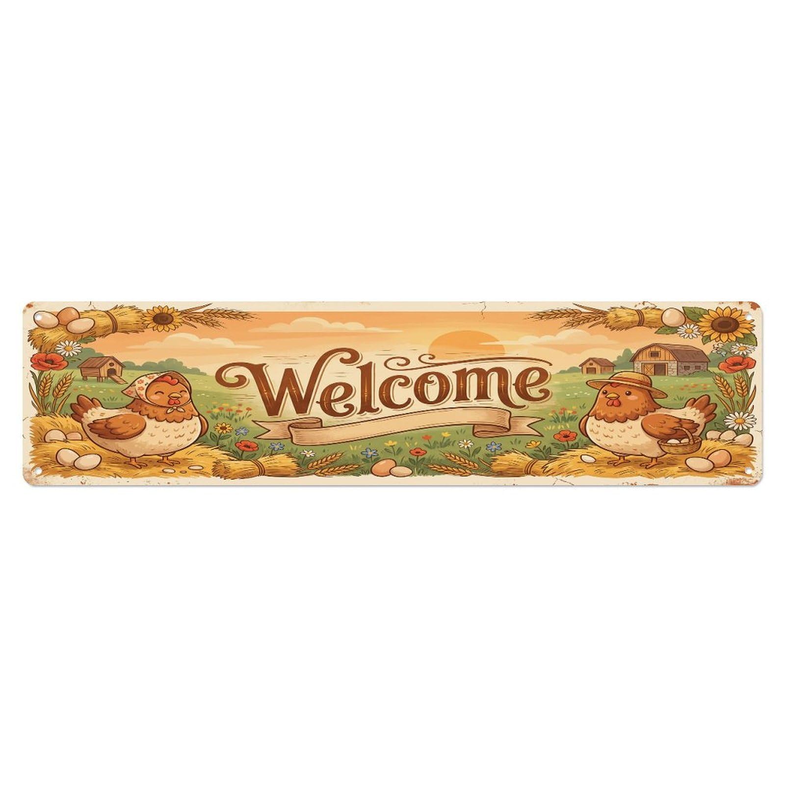 Olhnbad 4X16inch(10X40cm) Vintage Welcome Chicken Egg Metal Tin Sign