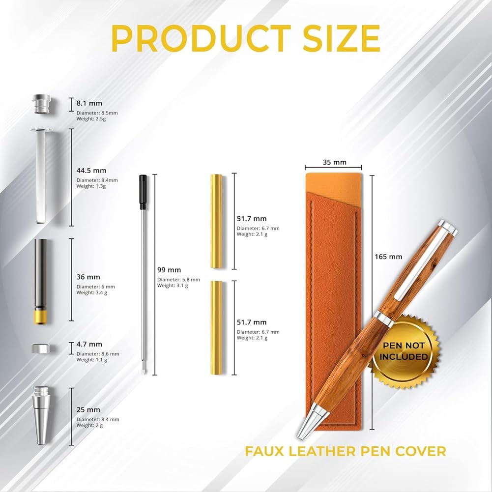 Kit di Penne per Tornitura del Legno Slimline - con Inchiostro Nero, Confezione da 10 + Cover Bonus - Forniture per Bricolage, Regali e Strumenti di Scrittura