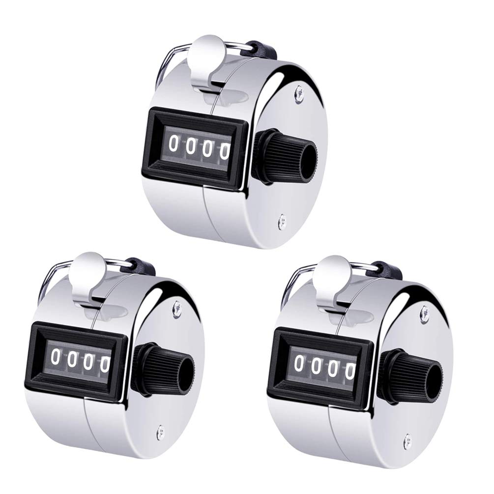 ROYAL WINDMetal Hand Tally Counter, 3 Pack Counter 4-Digit Tally Counters Mechanical Palm Counter Clicker Handheld Pitch Click Counter Number Count for Row, People, Golf, Lap & Knitting, Silver