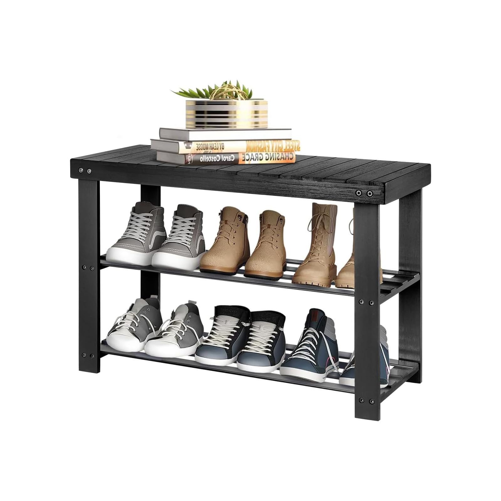 CROWNSHOP Shoe Bench Shoe Rack 3 Tier Shoe Storage Organiser Shelf Bamboo Stand Shoe Shelving Entryway strorage unit with Seat for Hall Bathroom Bedroom Living Room Hallway Black