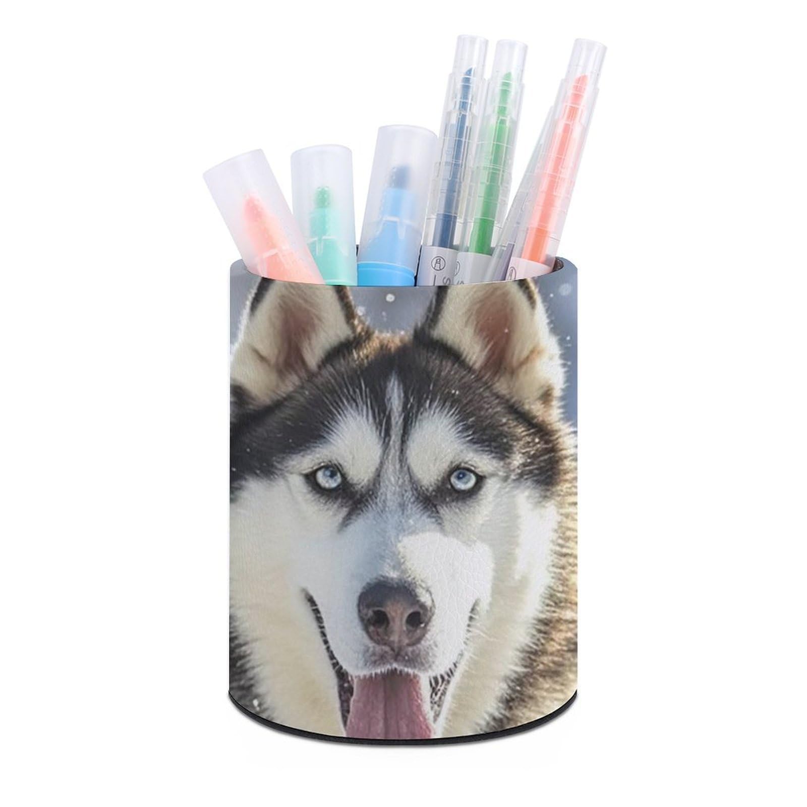 FekiLoot PU Leather Round Pen Holder Adorable Huskies Pencil Holder Desk Organizer Pen Organizer Pen Cup Pencil Cup Caddy Desktop Stationery Organizers for Office Home Supplies