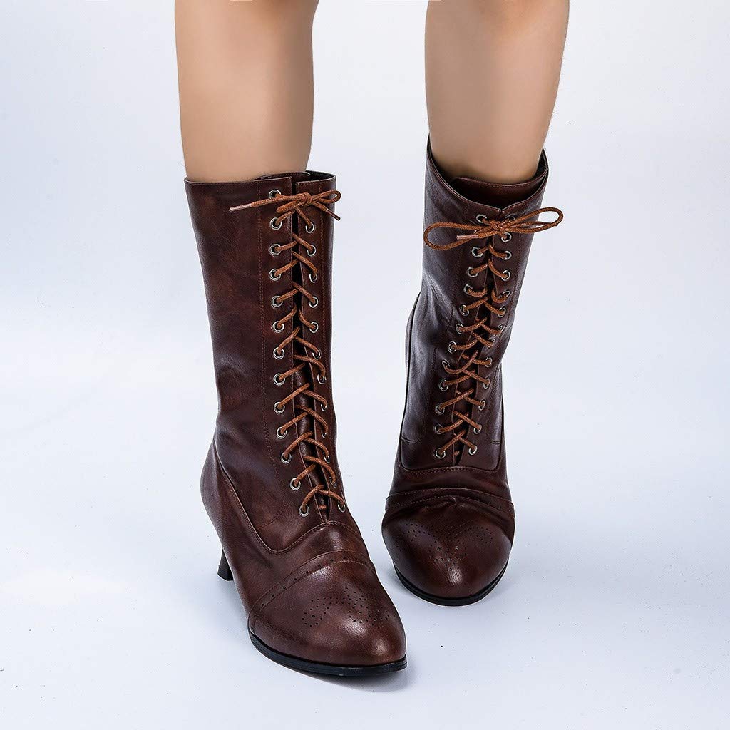 Ladies Lace Up Boots Calf Length Victorian Boots Women Leather Louis Heel Womens Vintage Boots Steampunk Gothic