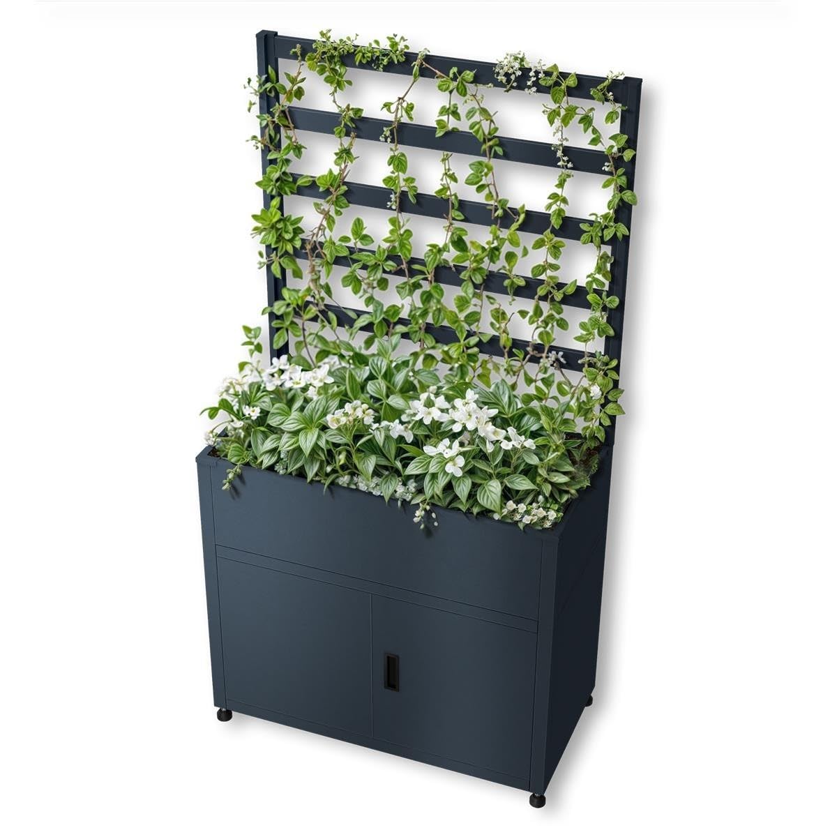Metzler RAL7016 - Jardinera para jardín con espacio de almacenamiento y rejilla para plantas, acero revestido en aerosol antracita