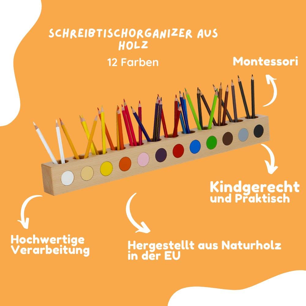 Montessori Schreibtisch Organizer Kinder - Stiftehalter Holz - Stifte Organizer - Stiftebox Holz - Organizer für Bleistifte mit 12 Farbkennung