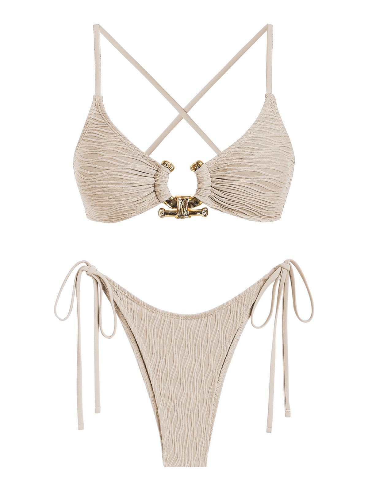 ZAFUL Women's Bikini Sets Ribbed Metal O Ring Criss Cross Two Piece Swimsuit Cheeky High Cut Side Tie Thong Bathing Suit