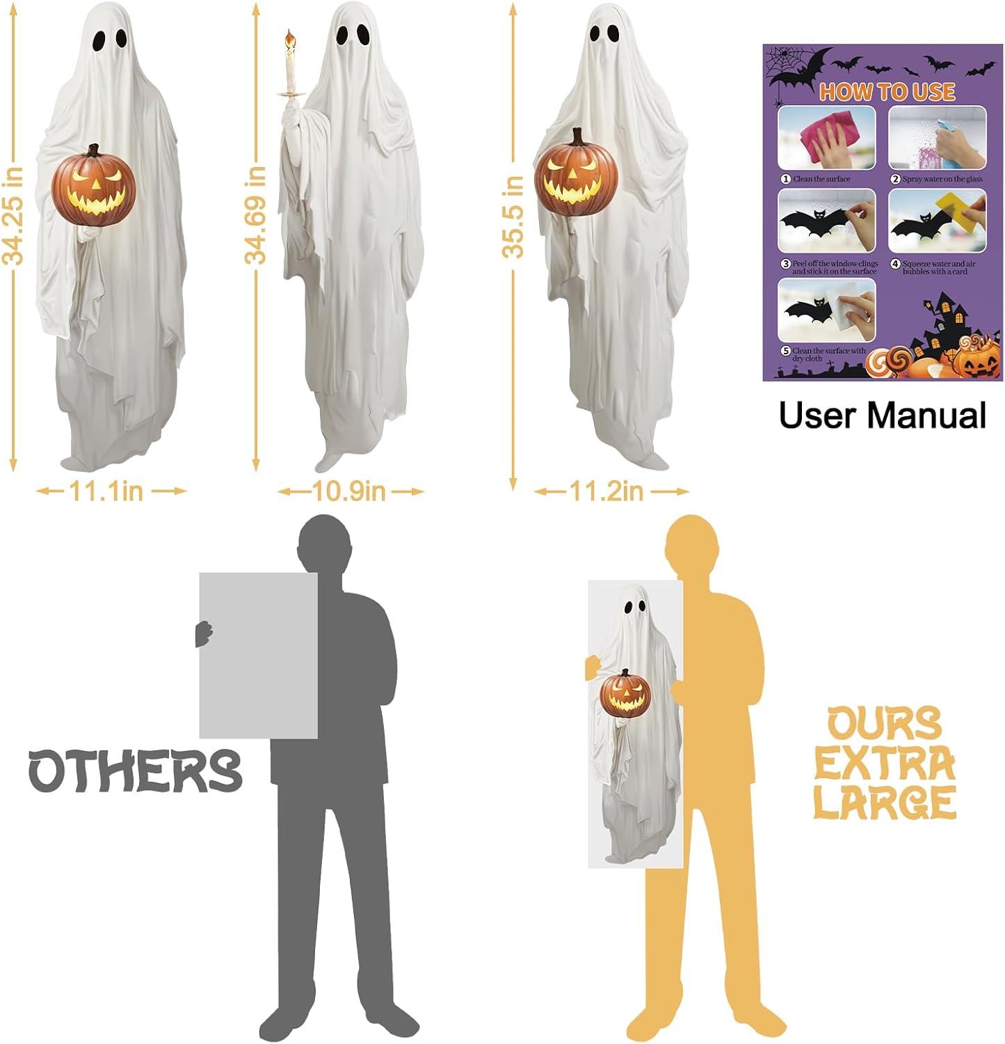 34" Halloween White Ghost Window Mirror Cling Decal Decorations Extra Large image 2