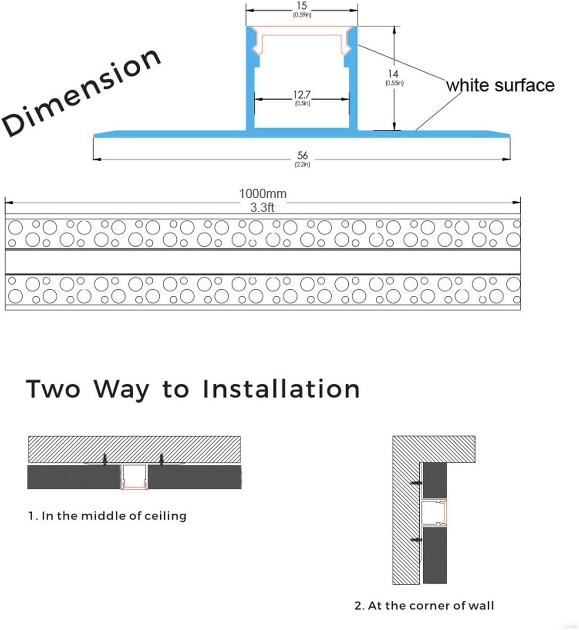 6Pack 3.3FT/1 Meter Plaster-in LED Drywall White Aluminum Channel with Milky Diffuser and End Caps,Recessed Aluminium LED Profile with Flange for 5-12mm Strip Lights