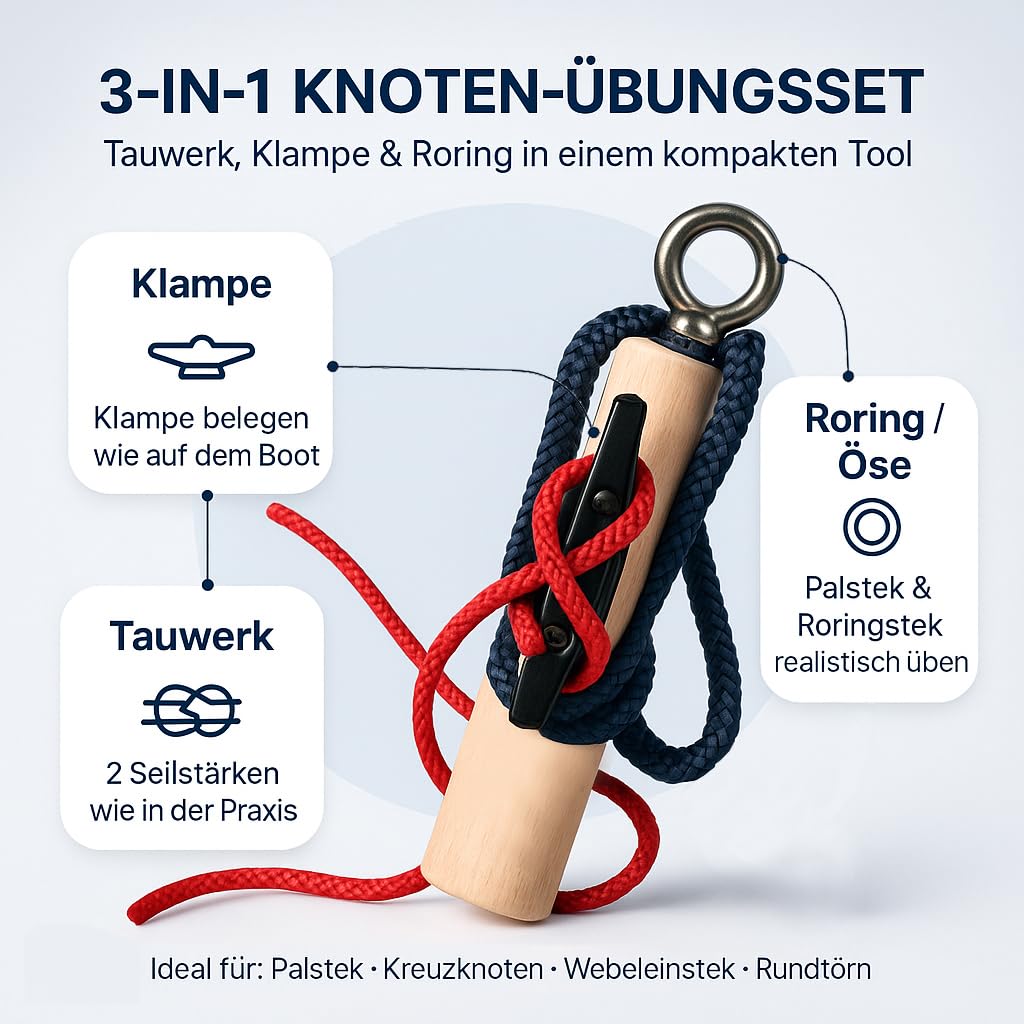 Knoten Übungsset Knoten Lernen für SBF See Bootsführerschein & Feuerwehr, Knotenübungsgerät inkl. Knotentafel und Anleitung