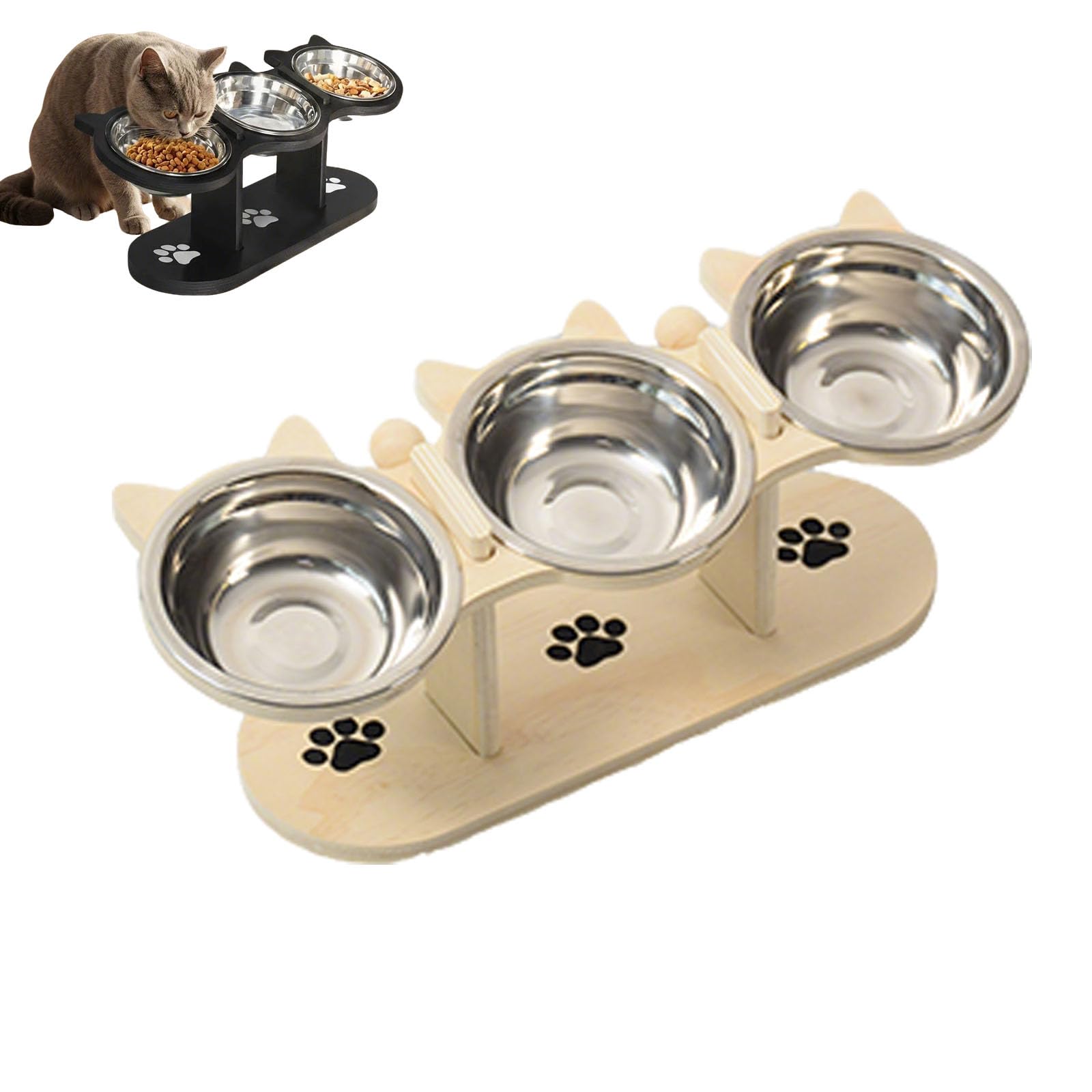 Non-slip elevated pet feeder with 3 bowls, Elevated Pet Feeding Station,Stainless Steel, Wooden Stand, Non-Slip Base, for Cats and Dogs (Wood-3 bowls)