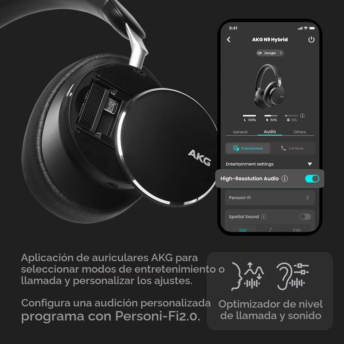 AKG N9 Hybrid Over-Ear Auriculares – Sonido Inalámbrico Cristalino, Cancelación de Ruido Adaptativa, Calidad de Llamadas Certificada por Zoom, 100h de Batería, Bluetooth, USB-C, Negro