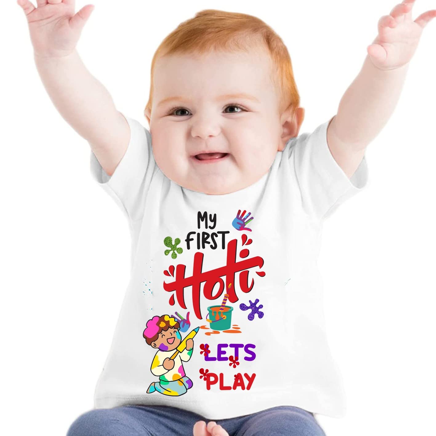 Polyester My First Holi Lets Play T Shirt For Kids Baby Boy Girl Infant Unisex Half Sleev Round Neck T Shirts (6-12 Months), Regular Fit, White