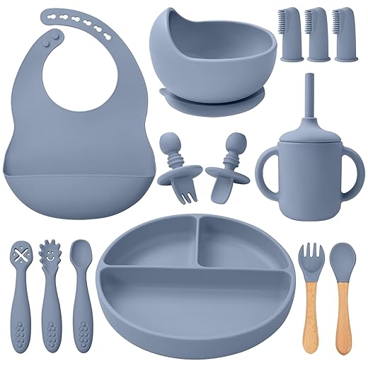 LITTLE RAWR Silicone Baby Feeding Set 14 Pcs,Baby Led Weaning Supplies, Baby Spoons Suction Bowl Divided Plate Bib Cup Finger Brush,First Stage Solid Food Eating Utensils - 6+ Months(Blue Gray)