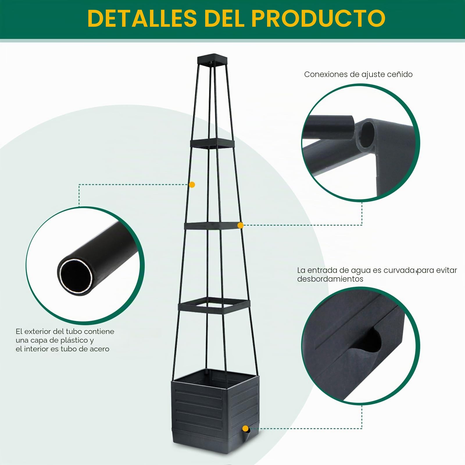 MYMULIKE Obelisco con macetero, 2 unidades de ayuda para enredaderas de tomates, 150 cm, con macetero, soporte para plantas, altura ajustable, 25 x 25 x 150 cm (2, gris)