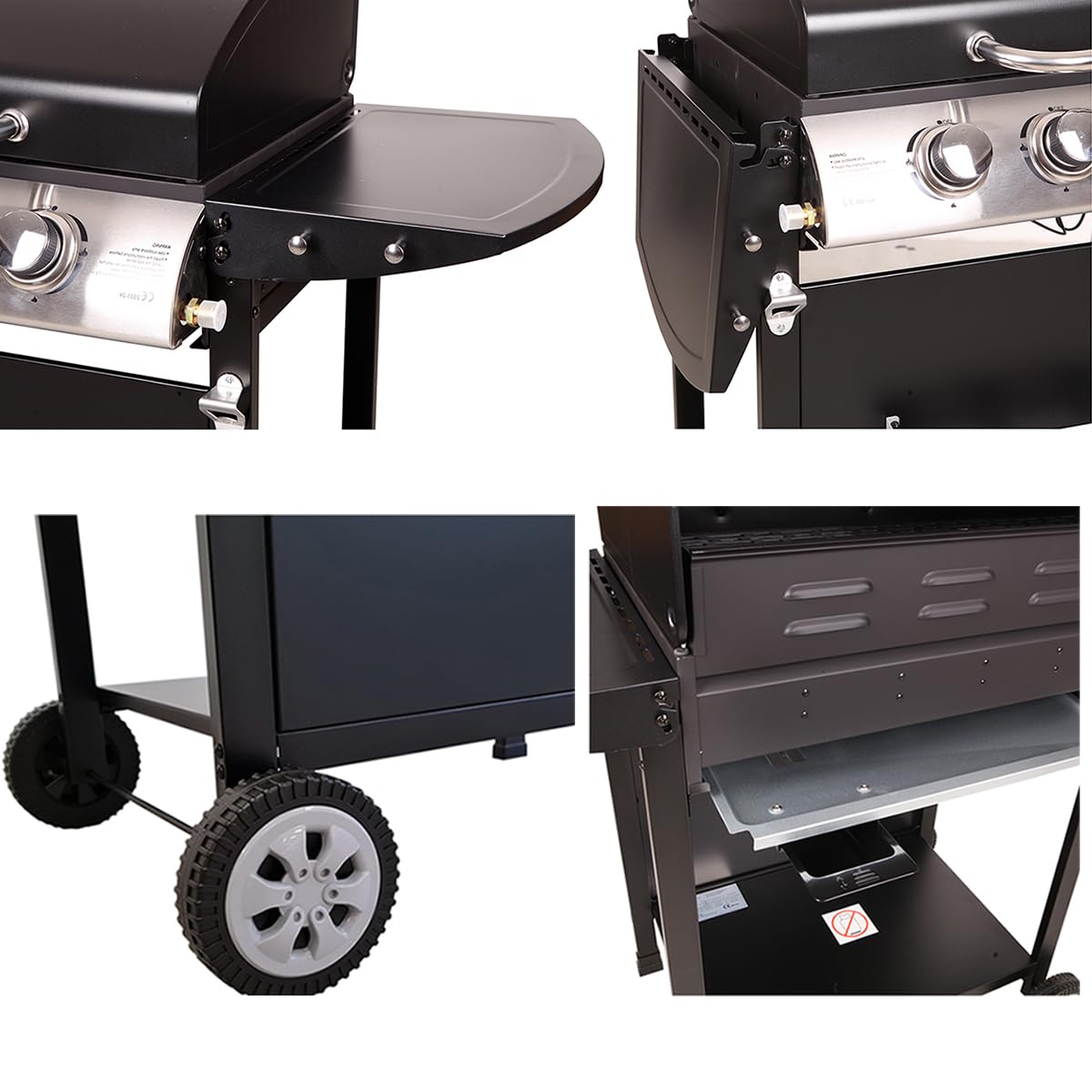 LOFOTEN - Barbecue Gaz 3 brûleurs - Puissance 8,4 kW - 106.5x57.5x104.5cm - Capot de fermeture avec thermomètre - 2 Grilles en acier chromé, 2 Etagères latérales, 1 Plateau bas - 2 Roues - Noir