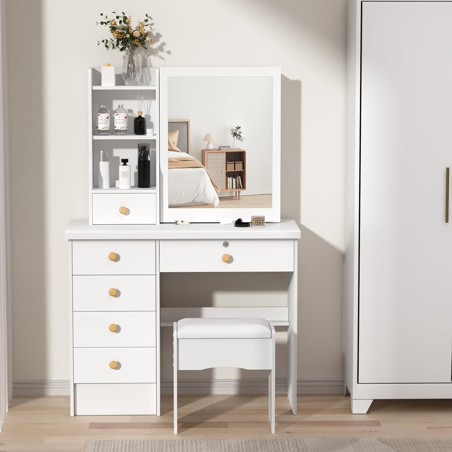 Honrane Modern White Makeup Vanity Desk with 6 Drawers, Sliding Mirror, 3 Color Lighting, 5 Storage Shelves