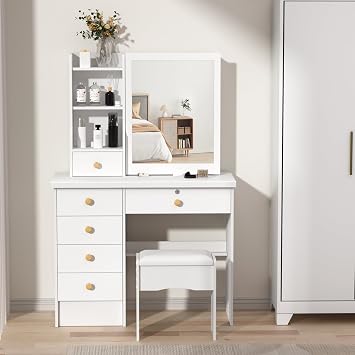 Dressing Table with LED Lights, Vanity Desk with Sliding Mirror, Bedroom Dressing Table Adjustable Brightness Mirror, Makeup Desk with 6 Drawers, Open Shelves, Hidden Storage Space White