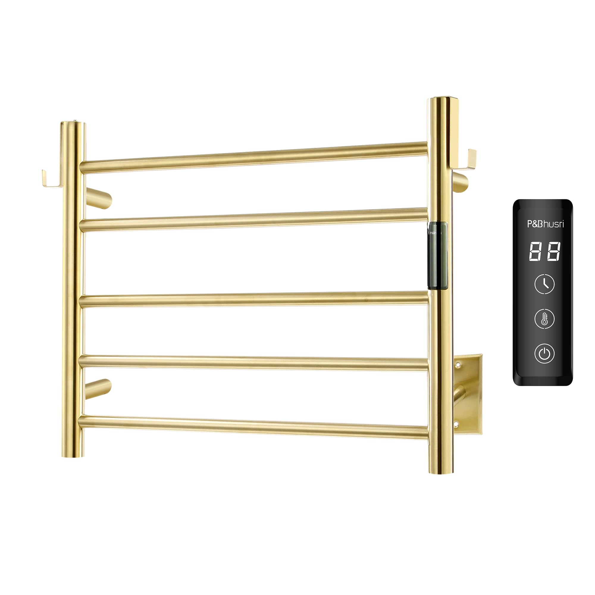 p&bhusri brushed gold heated towel rack, 5-bar fast heating electric towel dryer with smart timer and thermo control, wall-mounted towel warmer, stainless steel, hard-wired/plug-in