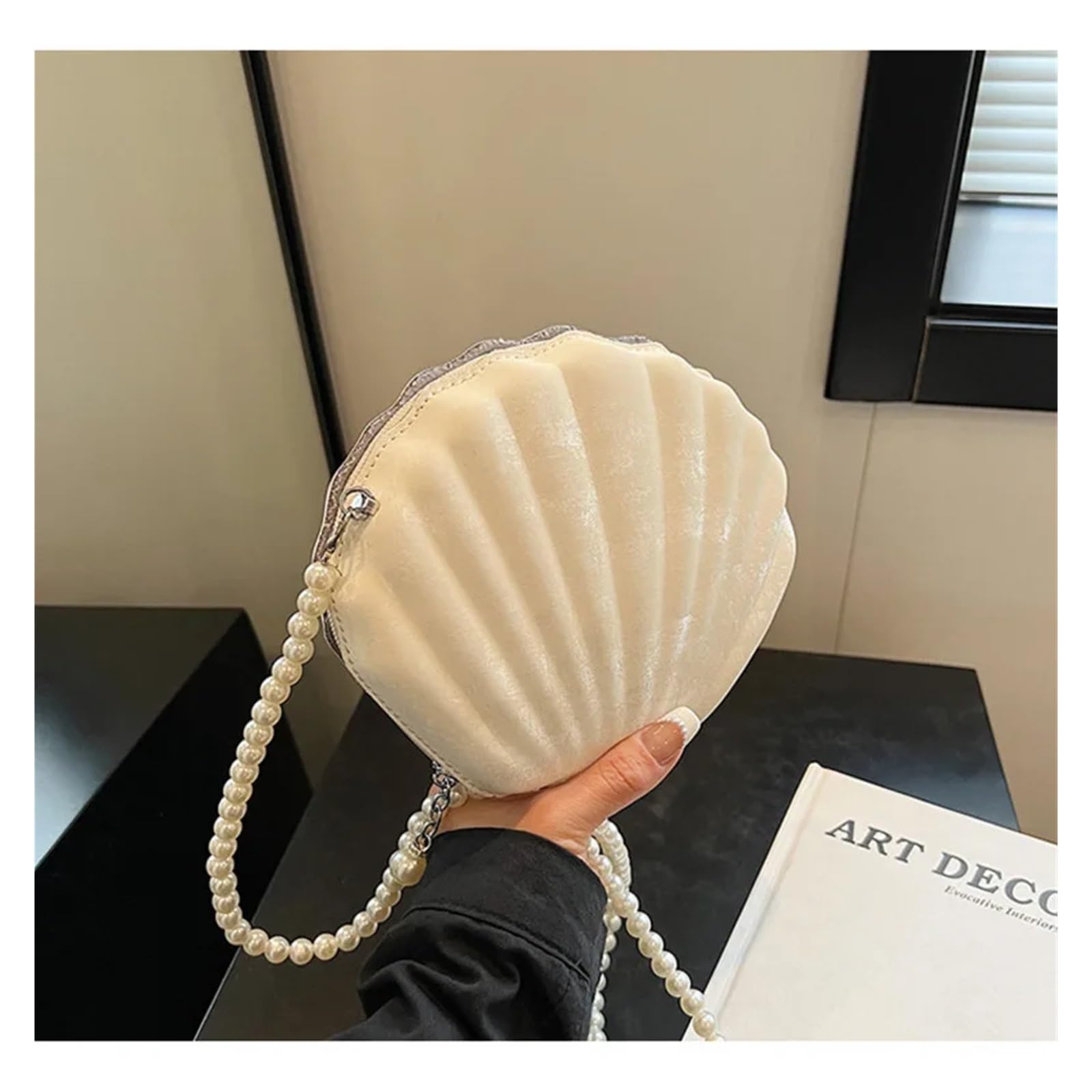 Conchiglia Borsa A Tracolla Singola Borsa da donna in velluto con texture tinta unita, borsa da sera con conchiglia, pochette con catena di perle, borse a tracolla da donna Adatta Per Matrimoni e Fest