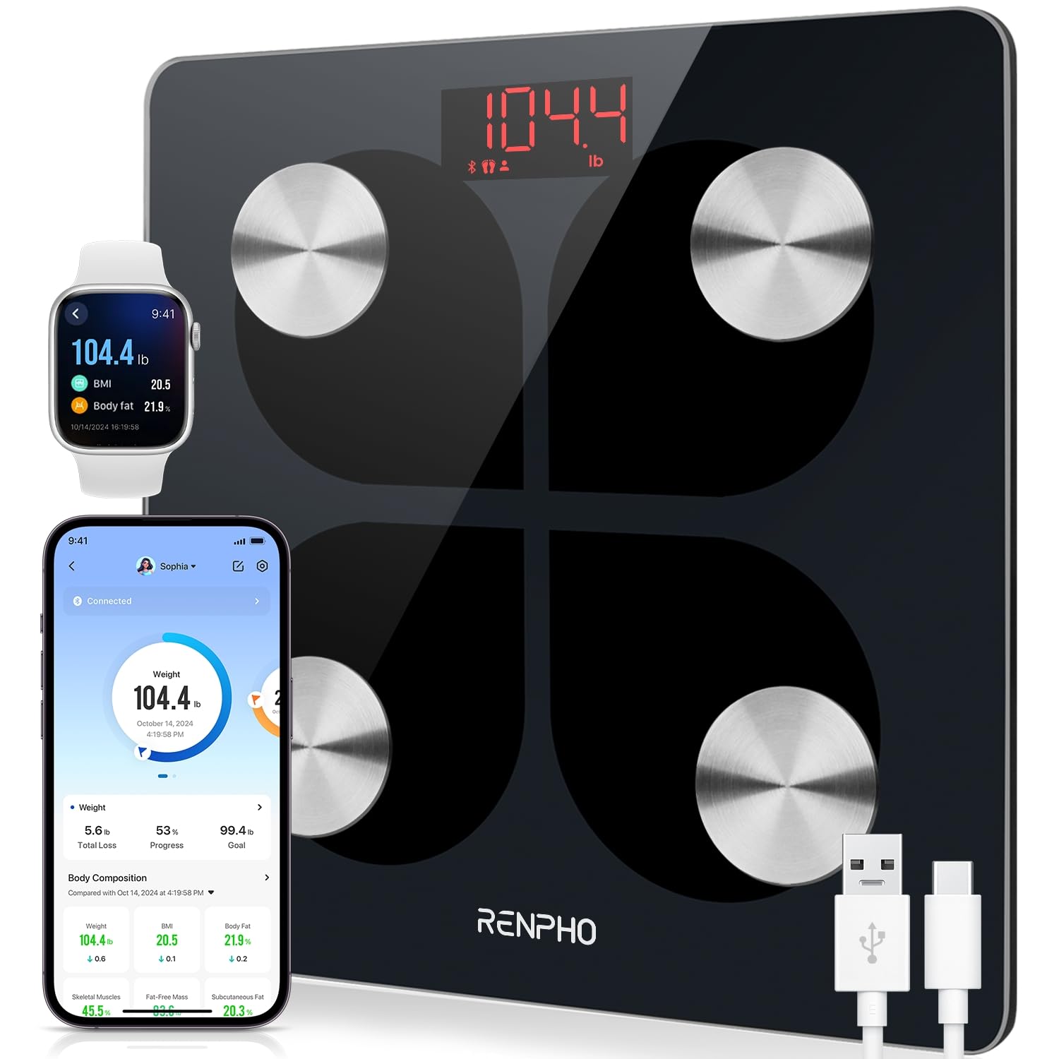 RENPHO USB Wagi do pomiaru tkanki tłuszczowej Bluetooth z możliwością ładowania, precyzyjna cyfrowa waga łazienkowa Inteligentna skala BMI Monitor składu ciała z aplikacją na smartfona