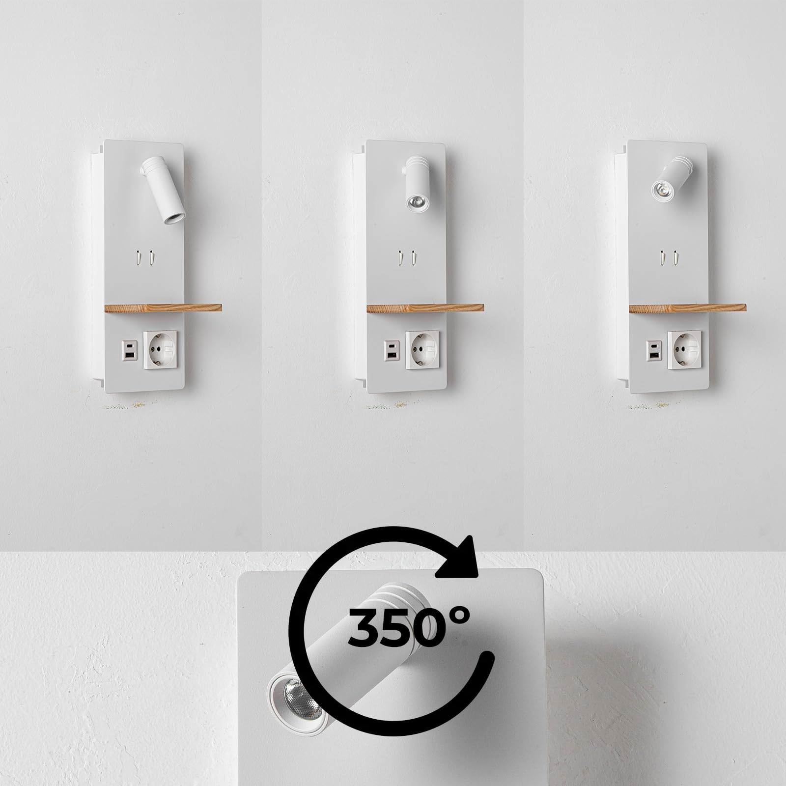 Alpinaluz Wandleuchte mit schwenkbarem LED-Leselicht, 3 W, Umgebungslicht, 6 W (2800 K), Ladeanschlüssen USB-C & USB-A, Schuko-Stecker und Holzablage für Schlafzimmer und Kopfteil