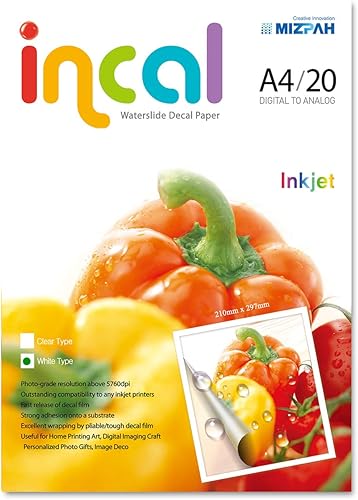 [Incal Paper] Papel adhesivo de tobogán acuático INKJET WHITE A4 (8.268 x 11.693 in), 20 hojas de manualidades de impresión fotográfica, resolución
