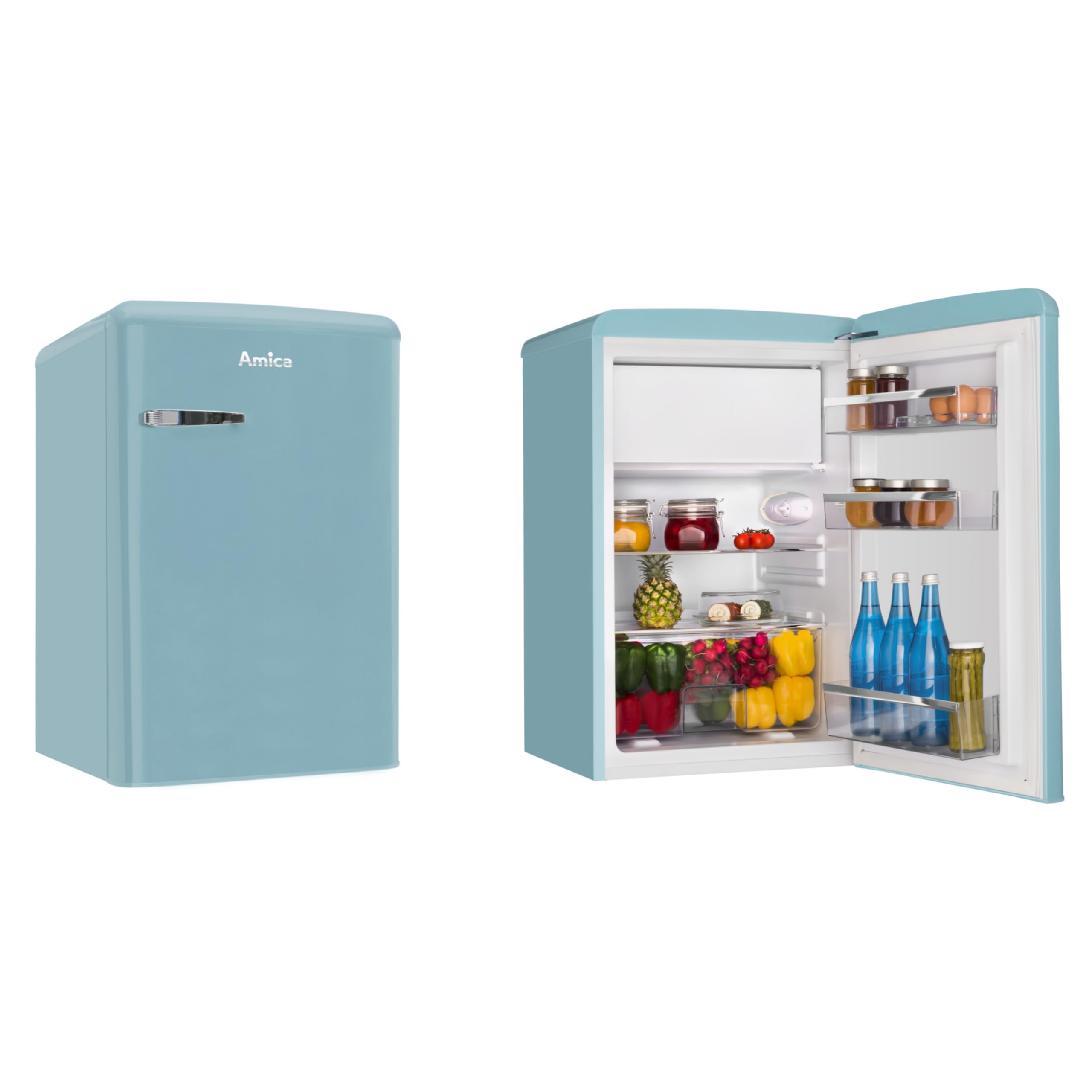 Amica KS 15612 T Retro lodówka z zamrażalnikiem/Ice Blue / 88 cm (wys.) x 55 cm (szer.) x 62 cm (gł.) / design retro