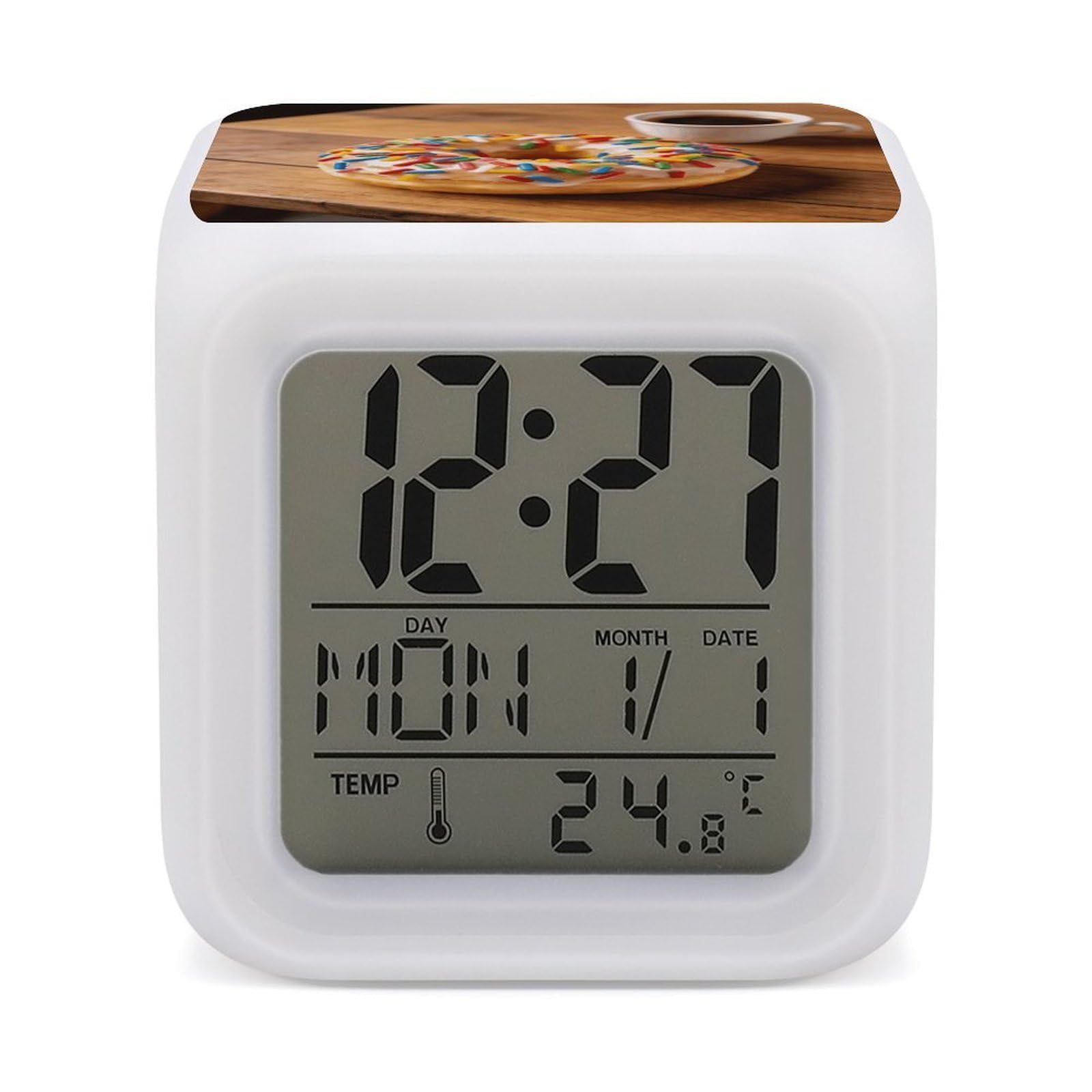 LZQPOEAS Doughnut Alarm Clock with 7 Color Changing Nightlight for Bedroom Calendar Temperature Display Wake Up Digital Clock Small Desk Clocks for Heavy Sleepers Adults