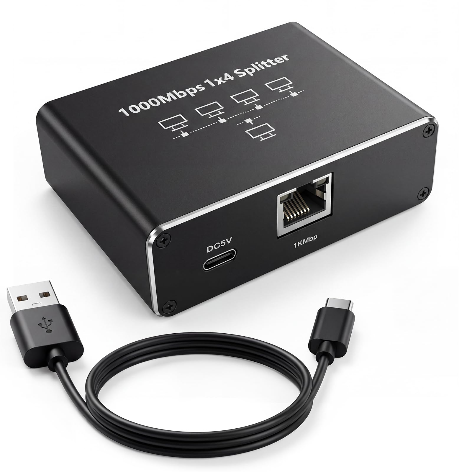 Mvthenxi Gigabit Ethernet Splitter 1 to 4, 1000Mbps Black Network Splitter Four Port RJ45 Port Extender, Compatible with Router/PC/TV/Gaming Console Cat6/Cat7 Cables.