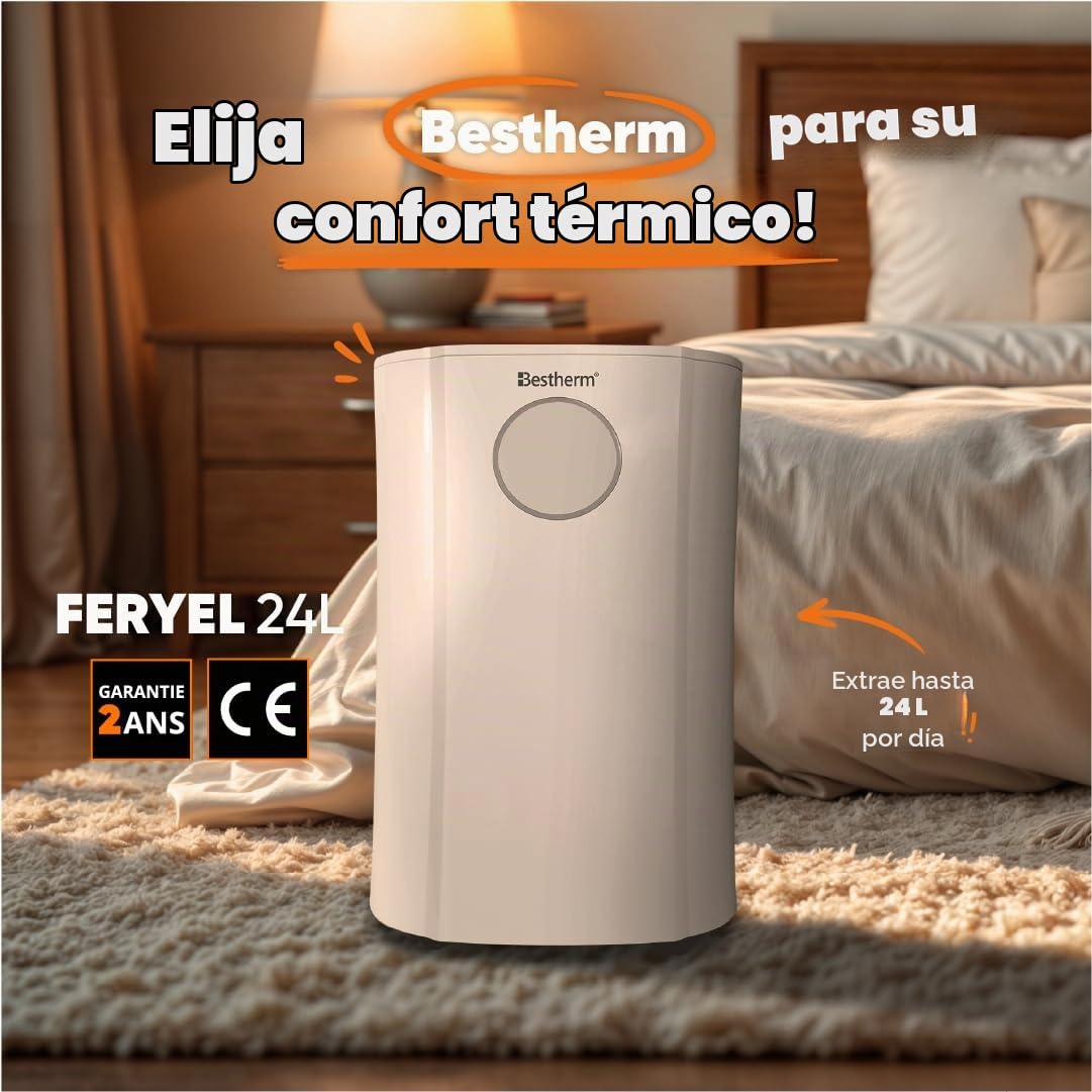BESTHERM - Deshumidificador de aire BESTHERM - Feryel 24L/día, depósito extraíble, filtro de carbón activado, ionizador integrado