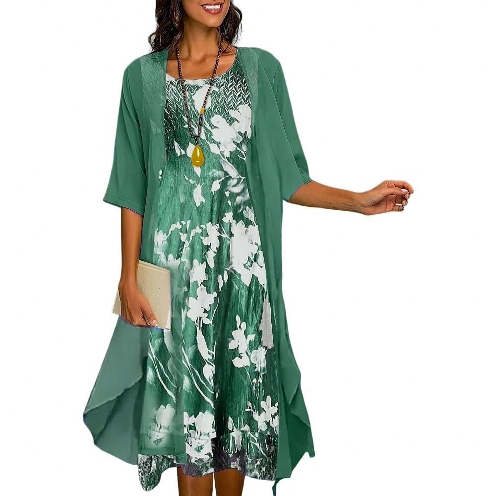 Two-Piece Set Maxi Dress for Womens Flowy Chiffon Cardigan Wedding Guest Floral Print Midi Dresses with Lace Jacket, Floral Green, XXL