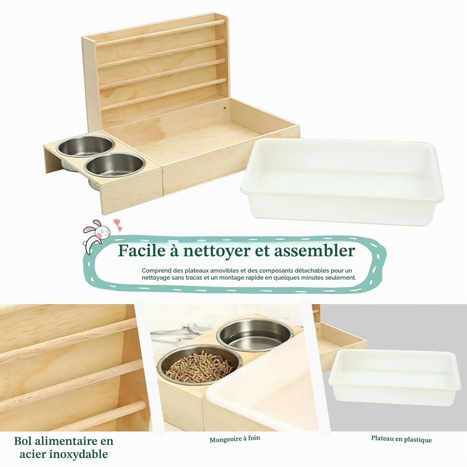 F Fityle 3 en 1 Mangeoire à Foin de Lapin avec Bac à Litière, Mangeoire Multifonction Facile à Nettoyer en Bois, Jouet de Recherche de Nourriture pour Lapin/Cobaye/Chinchillas/Hamster
