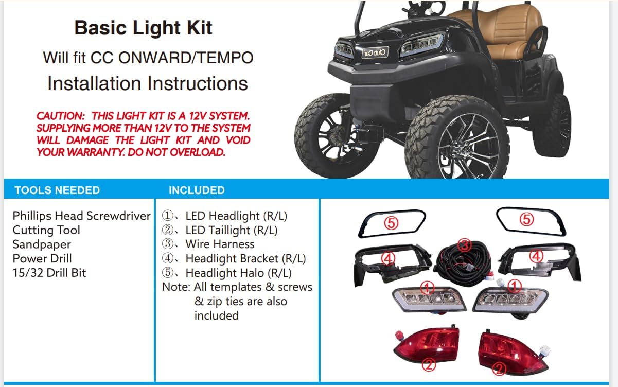 Golf Cart Tempo LED Light Kit wth LED Headlight and Tail Light with Harness for Club Car Tempo Onward 2008+UP Golf cart