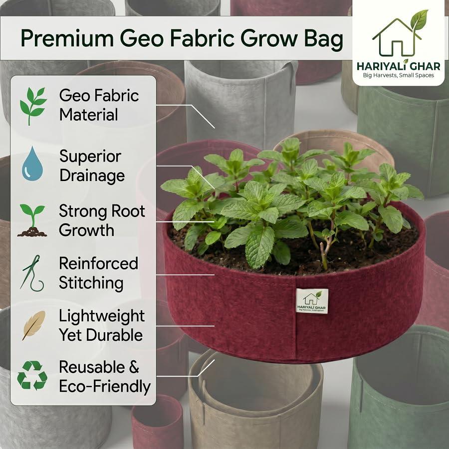 Image of 400 GSM Geo Fabric Round Grow Bags 12x6 Inch, Red Planting Bags for Terrace and Kitchen Gardening Pack of 3