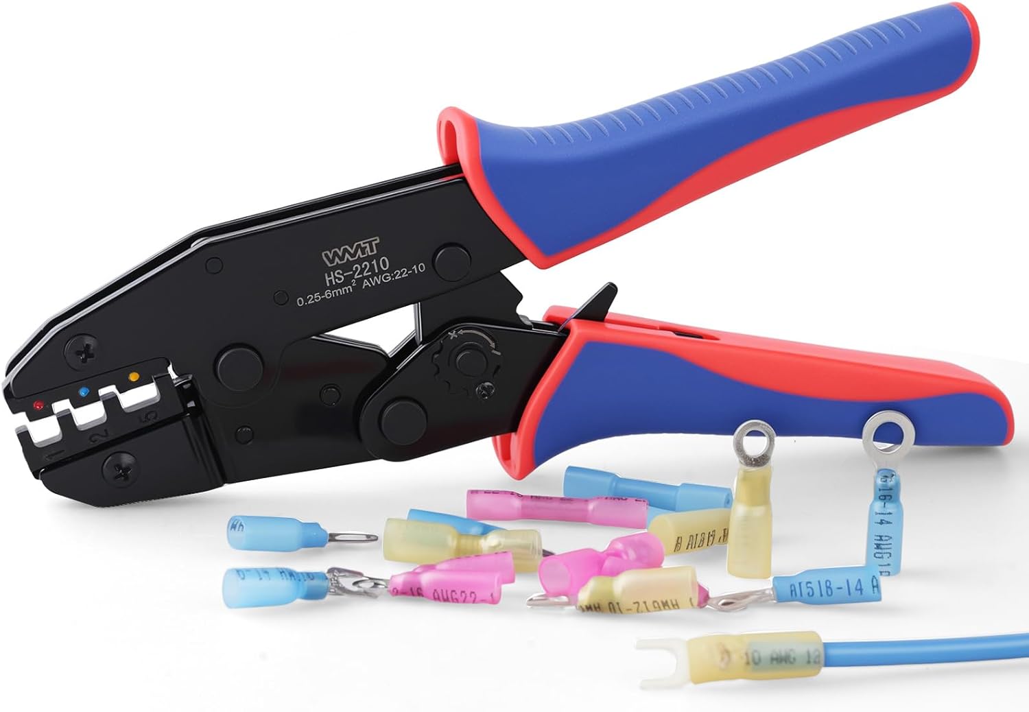 WMT Professional Wire Crimping Tool for Heat Shrink Terminal, AWG 22-10（0.25-10mm²）Crimping Tool, Terminal Crimper for Insulated Terminals and Electrical Wire Connectors