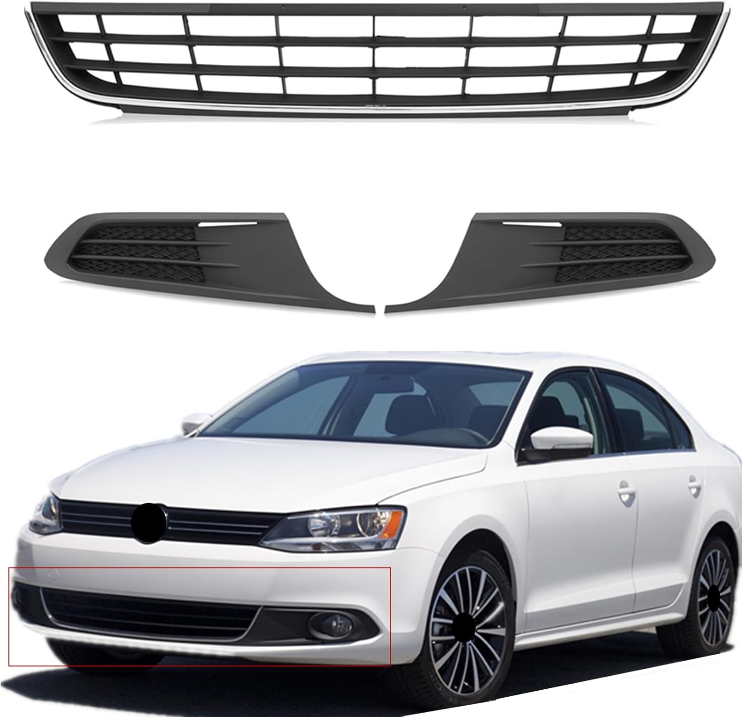Front Lower Bumper Grille Grill +Fog Light Lamp Covers Bezel Fit for Volkswagen VW Jetta Sedan 2011 2012 2013 2014 (NOT Fit for Wagon Models) 5C6853671RYP, 5C68536659B9, 5C68536669B9, VW1036120