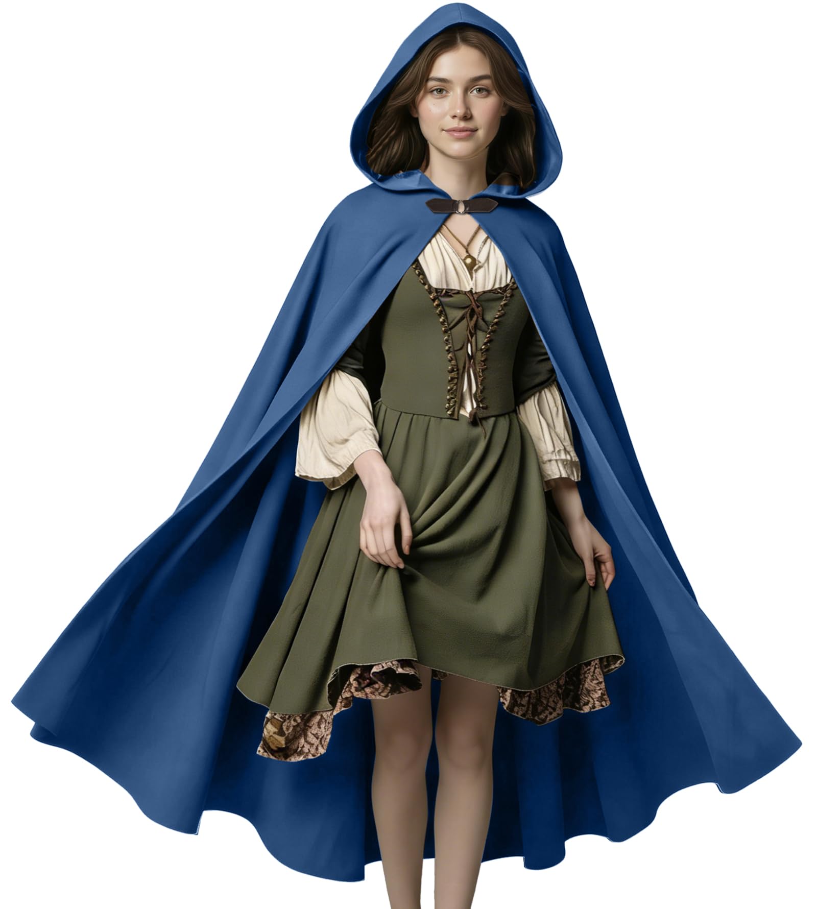 FSUJWOA Renaissance Hooded Cape Medieval Costumes with Hood Cloak Halloween Costume (Blue, Style-2)