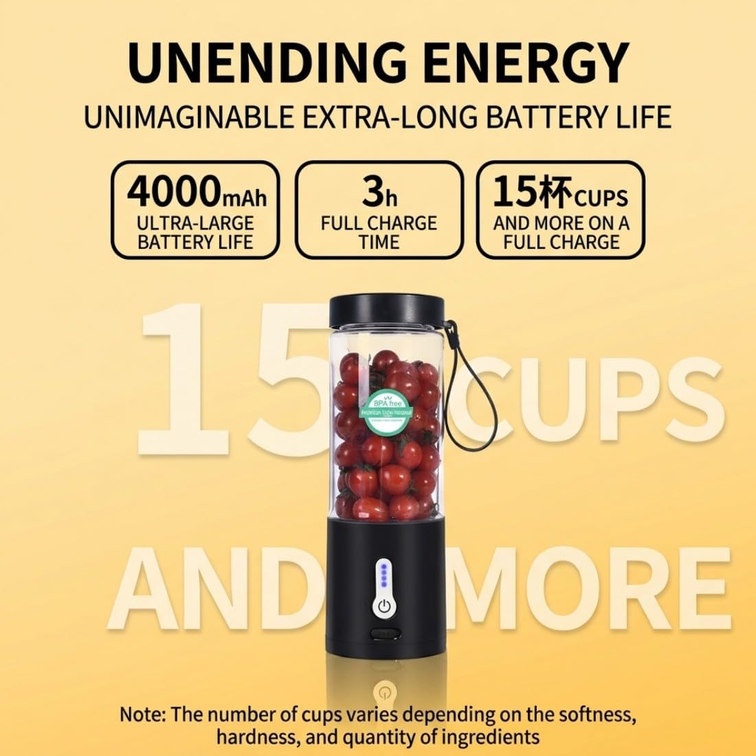 Mixeur portable 530 ml, taille personnelle, mixeur à smoothie polyvalent 150 W sans fil avec mini mélangeur de fruits rechargeable par USB pour voyage, sport, bureau, shakes, jus de nourriture – Noir