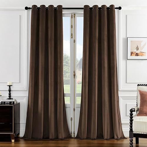 Brown 84 in Long Velvet Curtains with Grommet, Thermal Insulated Super Soft Privacy Noise Reducing Light Blocking Velvet Curtains for Living Room, 2 Panels, Each 52 x 84 inches Long