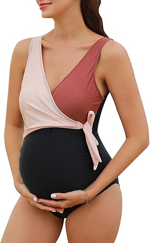 Summer Mae Traje de baño de maternidad de una pieza con lazo frontal, cuello en V, traje de baño de corte alto