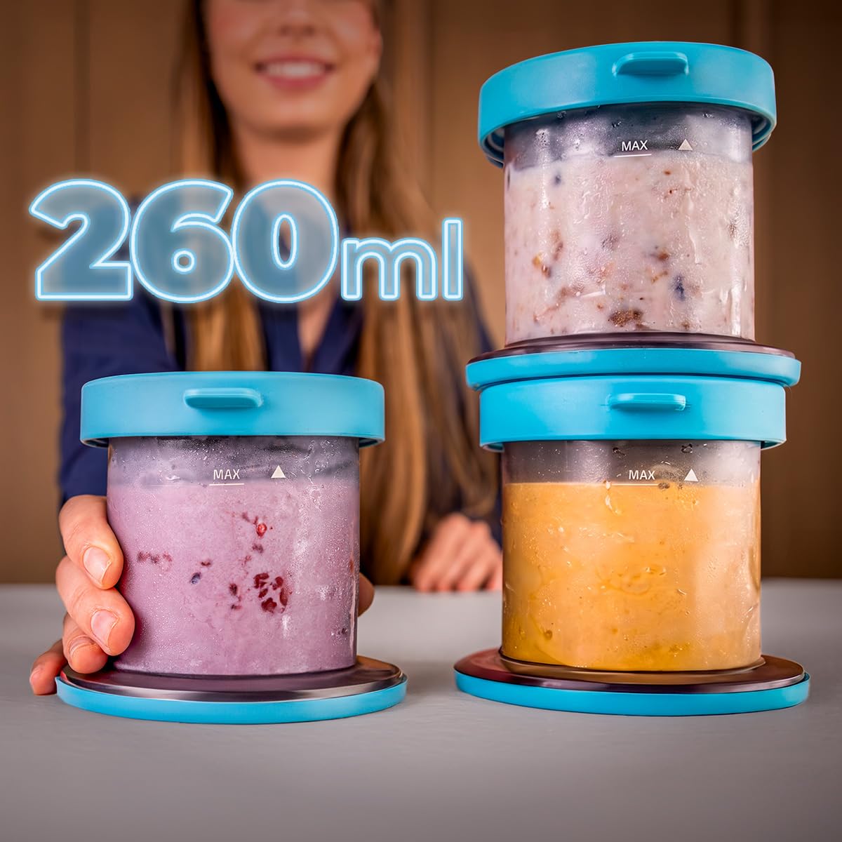 Cecotec Eismaschine Gelatec EasyMove, 5 Programme für Eis, Sorbet, Mix-ins, Slush und Shake, vertikales Rührsystem, Eis in 5 Min, 3x 260 ml Becher, Klinge abnehmbar, spülmaschinenfest, mit Deckeln
