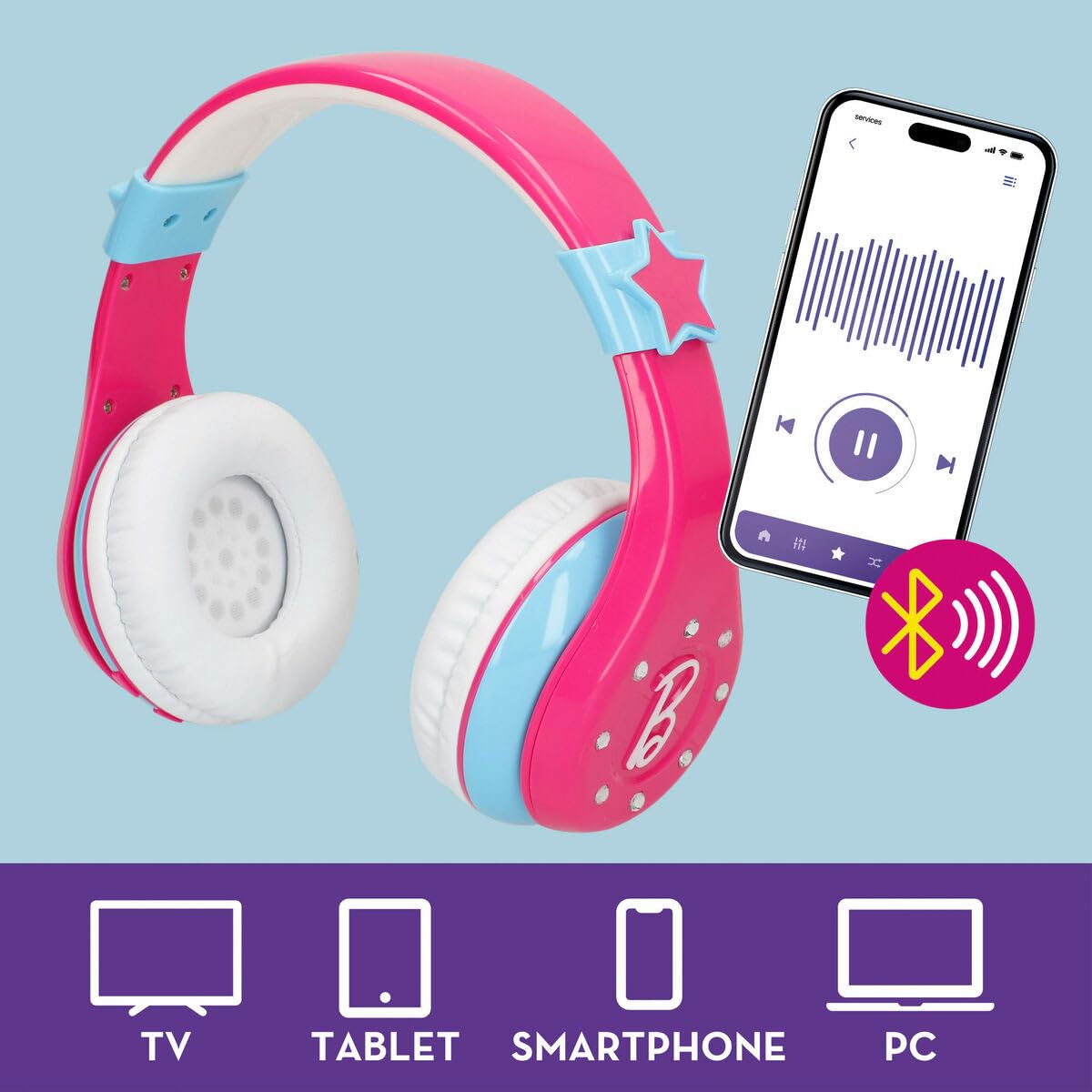 ColorBaby Barbie Set Cuffie Bluetooth senza fili per archetto e microfono, luci colorate, gioco karaoke, con cavo USB, regali per ragazze di 4 anni, giocattoli per ragazze (47868)