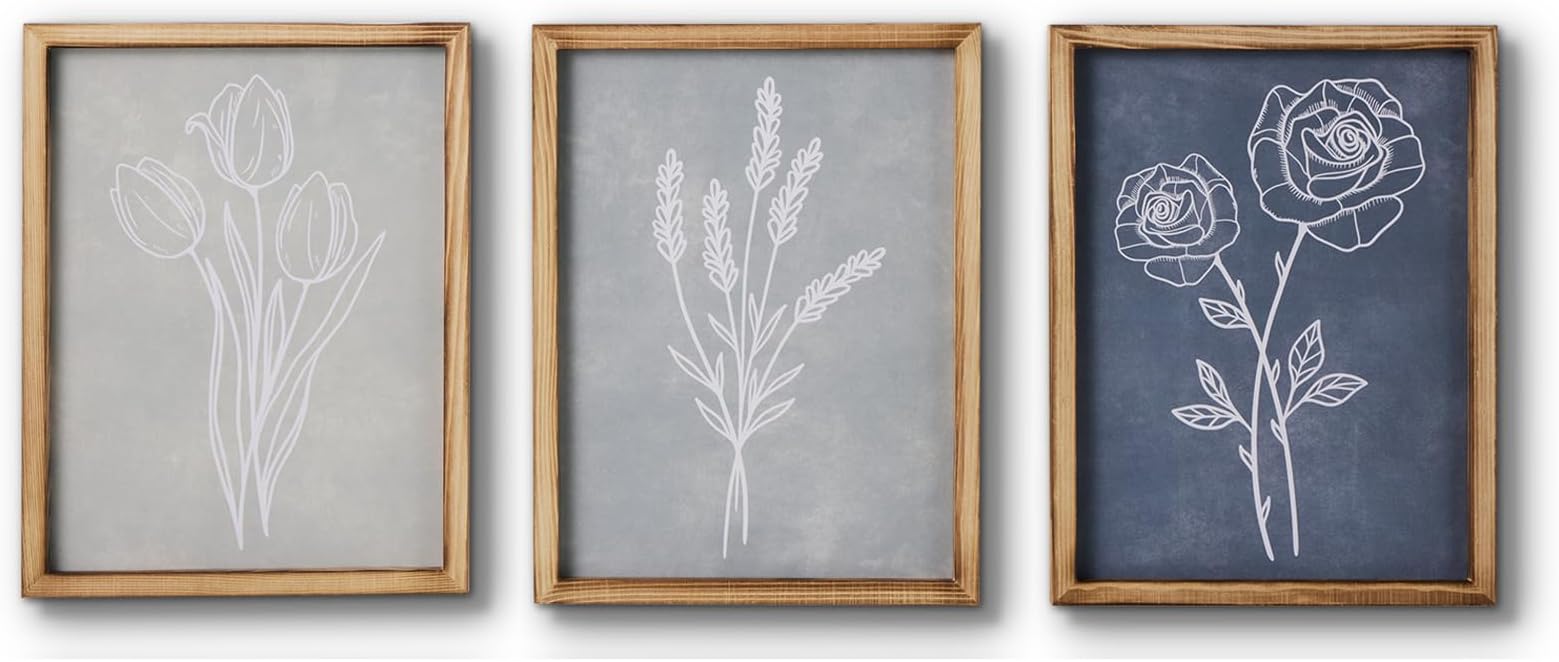 Mokof Framed Canvas Print Wall Art Set of 3, Boho Botanical Flower Prints Art for Home Office Decor, Modern Farmhouse Wall Decor for Living Room, Bedroom, Kitchen, Bathroom