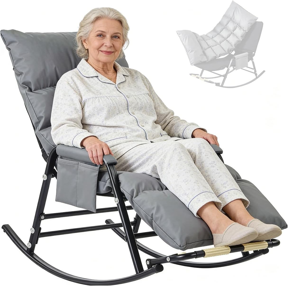 Outdoor Rocker Chair Oversized Rocking Chair with Foot Rest Patio Rocking Chairs Adjustable Angle with Removable Padding and Side Pockets for Living Room BalconyGrey,145 * 60 * 50cm