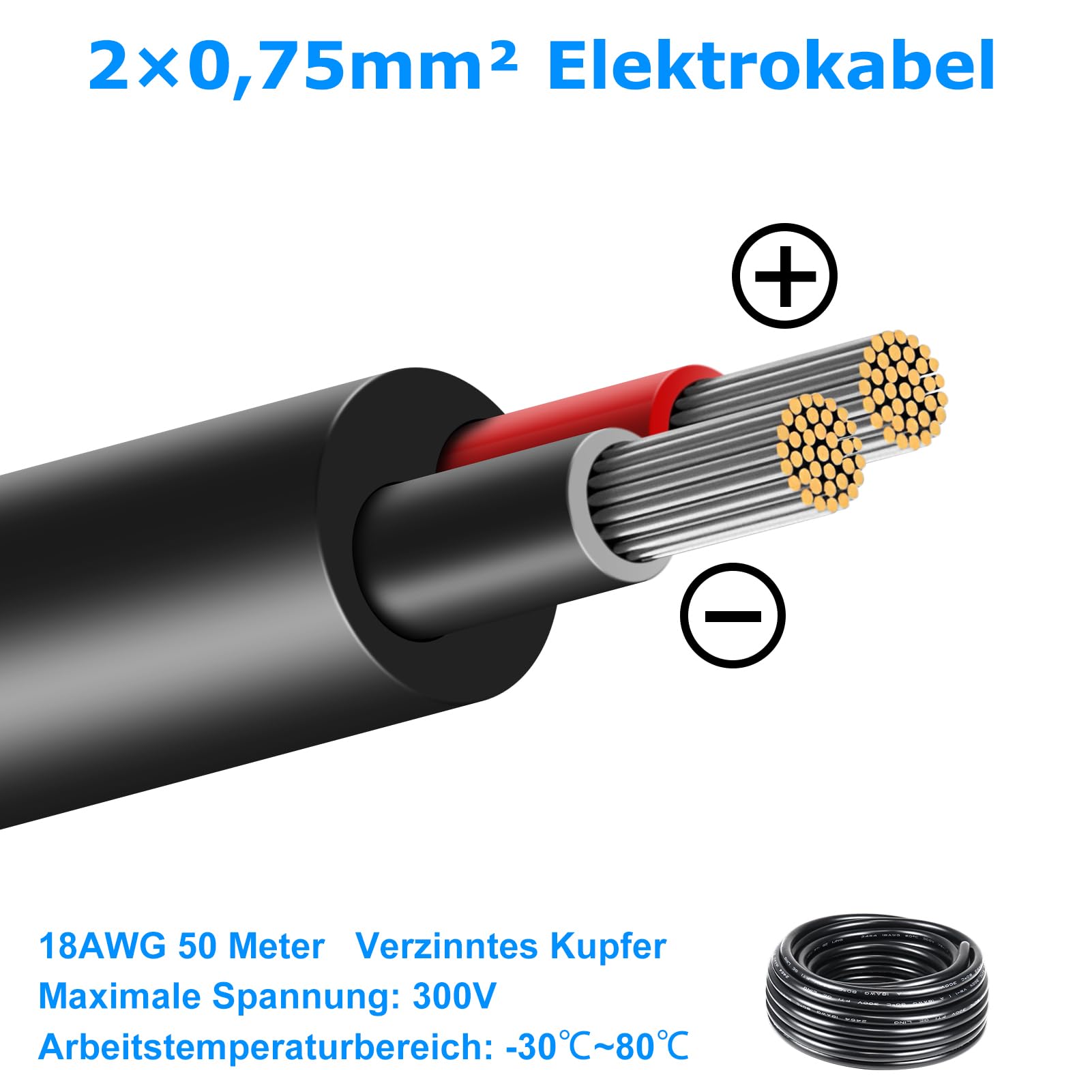 Cavo elettrico LightingWill da 50 metri, 18 AWG, 2x0,75mm², cavo a 2 fili 5V/12V/24V, cavo in rame stagnato, flessibile e morbido, bassa impedenza, alta resistenza alle temperature, cavo di prolunga